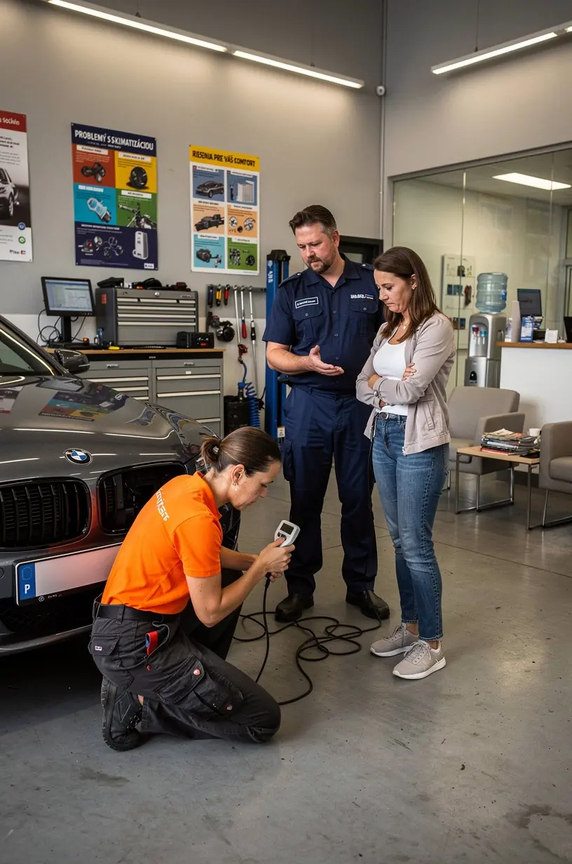 Mechanik vykonáva údržbu klimatizácie pred letnou sezónou v profesionálnom autoservise na Slovensku.